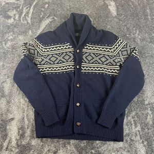 J. Crew 100% Lambswool Collared Cardigan Navy Blue Fair Isle Men's M Fisherman